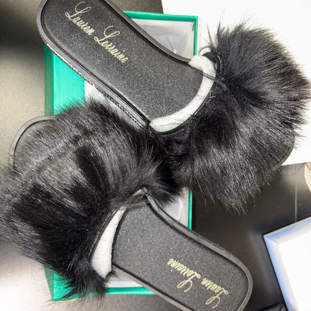 Lauren Lorraine Black Fur Slippers